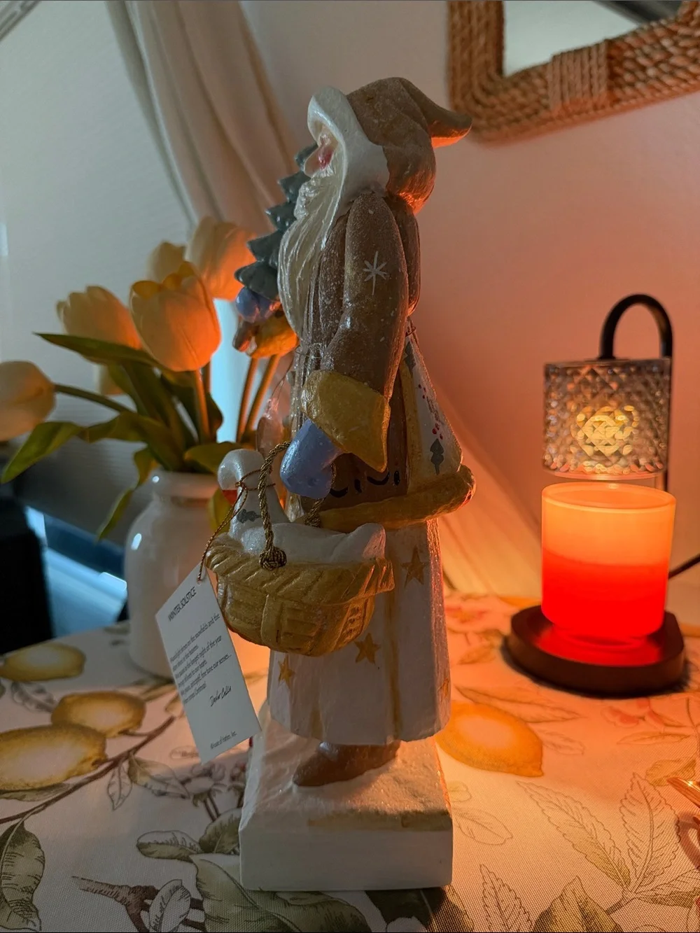 House of Hatten Solstice White & Gold Santa Holding Tree Figurine (collectible)